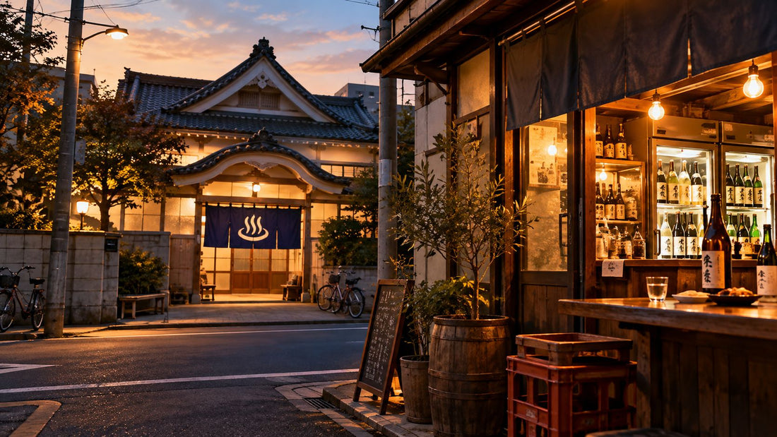 夕暮れの銭湯と、温かな明かりが灯る角打ちの酒屋のイメージ