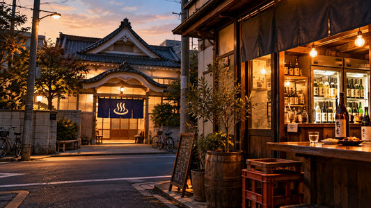 夕暮れの銭湯と、温かな明かりが灯る角打ちの酒屋のイメージ